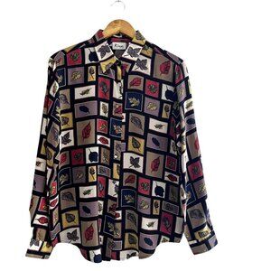 VNTG Riva Silk 100% Silk Blouse Size M Multi Color  Leaf Print Long Sleeves